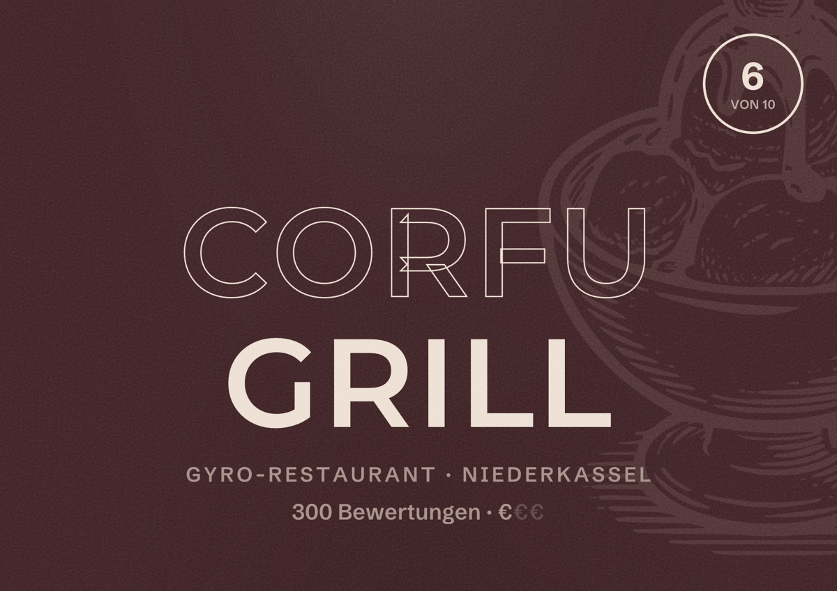 Illustriertes Poster von Corfu Grill, Gyro-Restaurant in Niederkassel: Bewertung 6 von 10 aus 300 Bewertungen, Preisniveau €