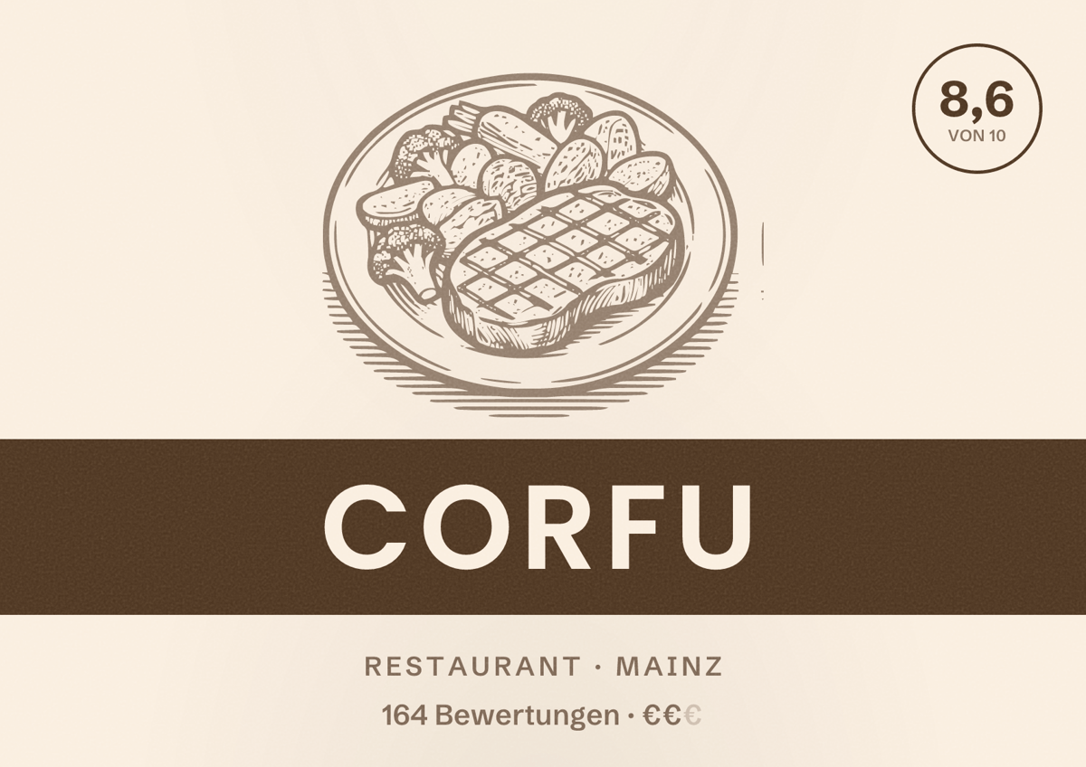 Illustriertes Poster von Corfu, Restaurant in Mainz: Bewertung 8,6 von 10 aus 164 Bewertungen, Preisniveau €€
