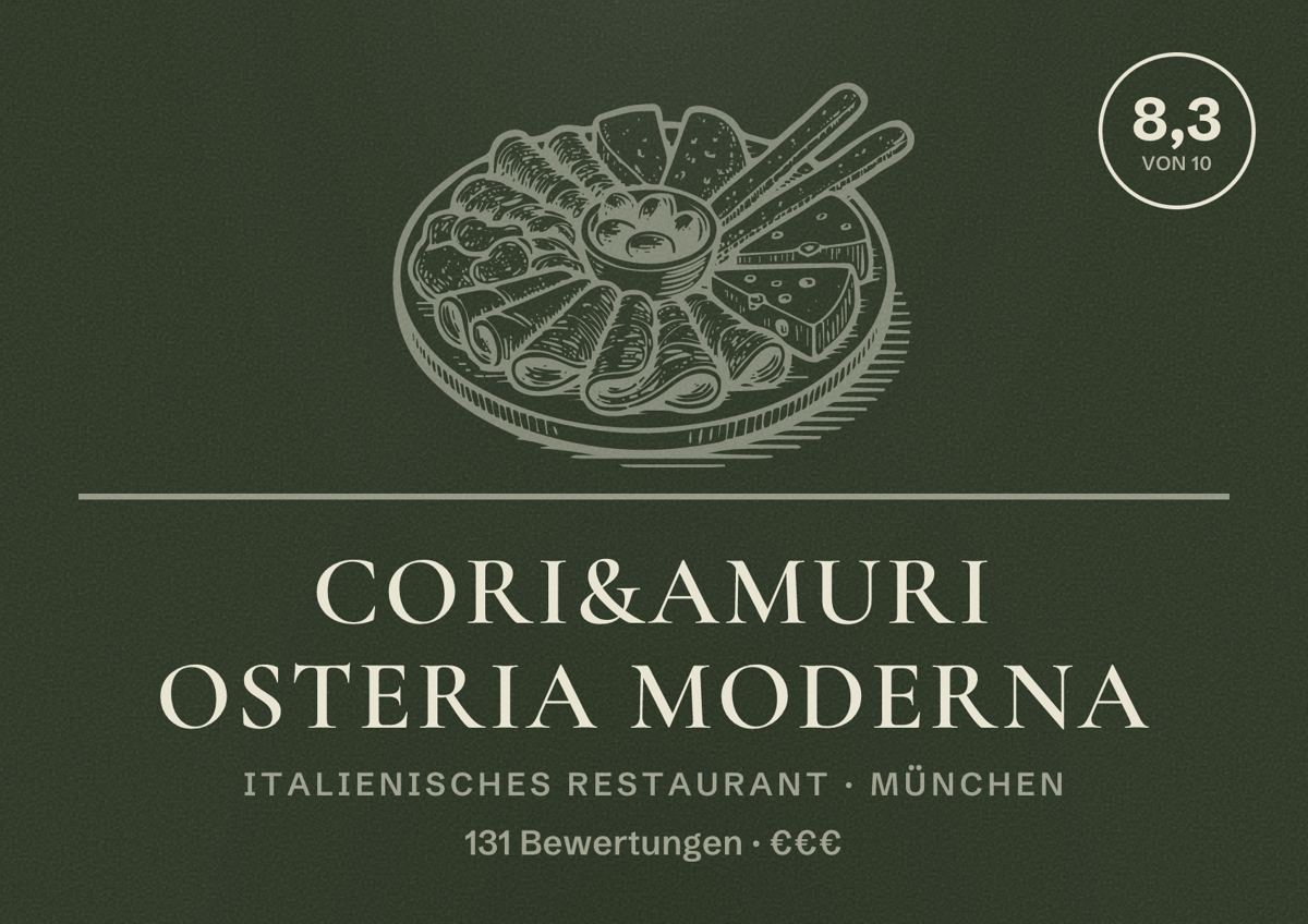 Illustriertes Poster von Cori&Amuri Osteria Moderna, Italienisches Restaurant in München: Bewertung 8,3 von 10 aus 131 Bewertungen, Preisniveau €€€