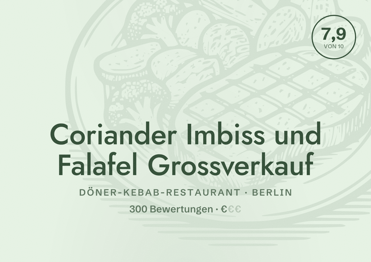 Illustriertes Poster von Coriander Imbiss und Falafel Grossverkauf, Döner-Kebab-Restaurant in Berlin: Bewertung 7,9 von 10 aus 300 Bewertungen, Preisniveau €