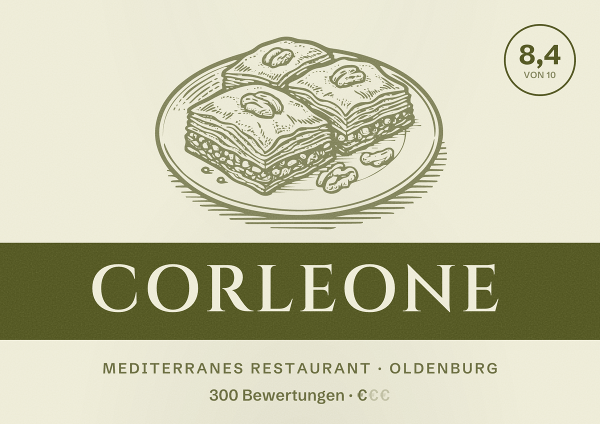 Illustriertes Poster von Corleone, Mediterranes Restaurant in Oldenburg: Bewertung 8,4 von 10 aus 300 Bewertungen, Preisniveau €