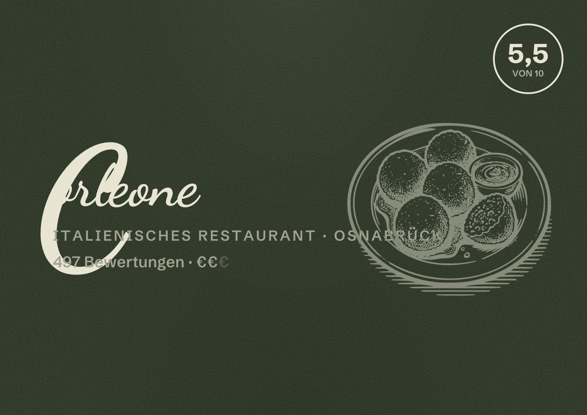Illustriertes Poster von Corleone, Italienisches Restaurant in Osnabrück: Bewertung 5,5 von 10 aus 497 Bewertungen, Preisniveau €€