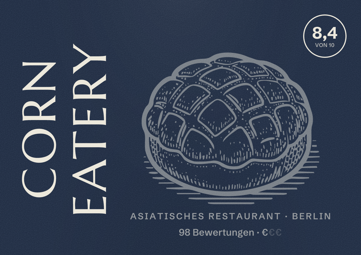 Illustriertes Poster von Corn Eatery, Asiatisches Restaurant in Berlin: Bewertung 8,4 von 10 aus 98 Bewertungen, Preisniveau €