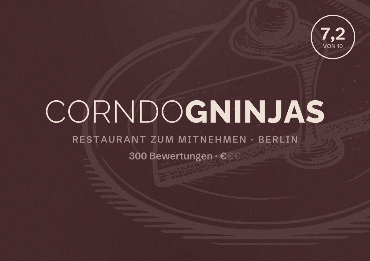 Illustriertes Poster von CorndogNinjas, Restaurant zum Mitnehmen in Berlin: Bewertung 7,2 von 10 aus 300 Bewertungen, Preisniveau €