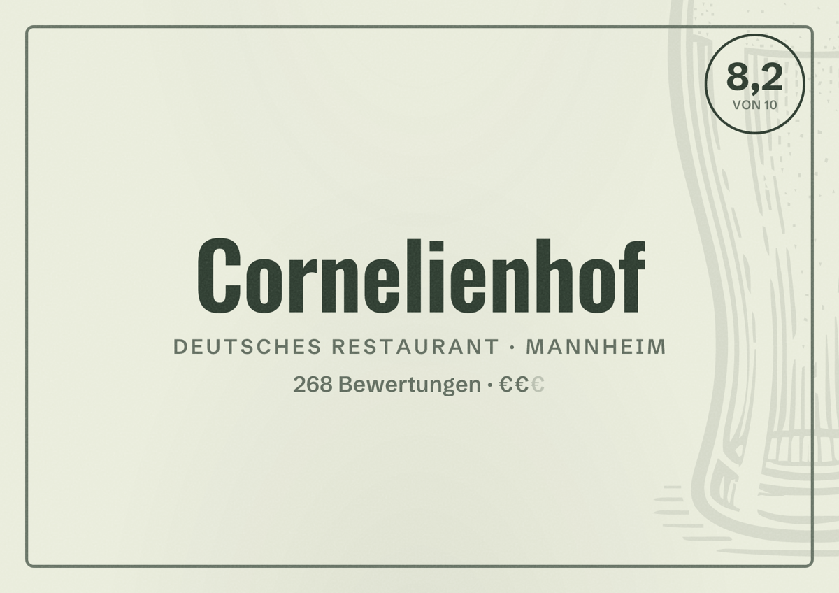 Illustriertes Poster von Cornelienhof, Deutsches Restaurant in Mannheim: Bewertung 8,2 von 10 aus 268 Bewertungen, Preisniveau €€