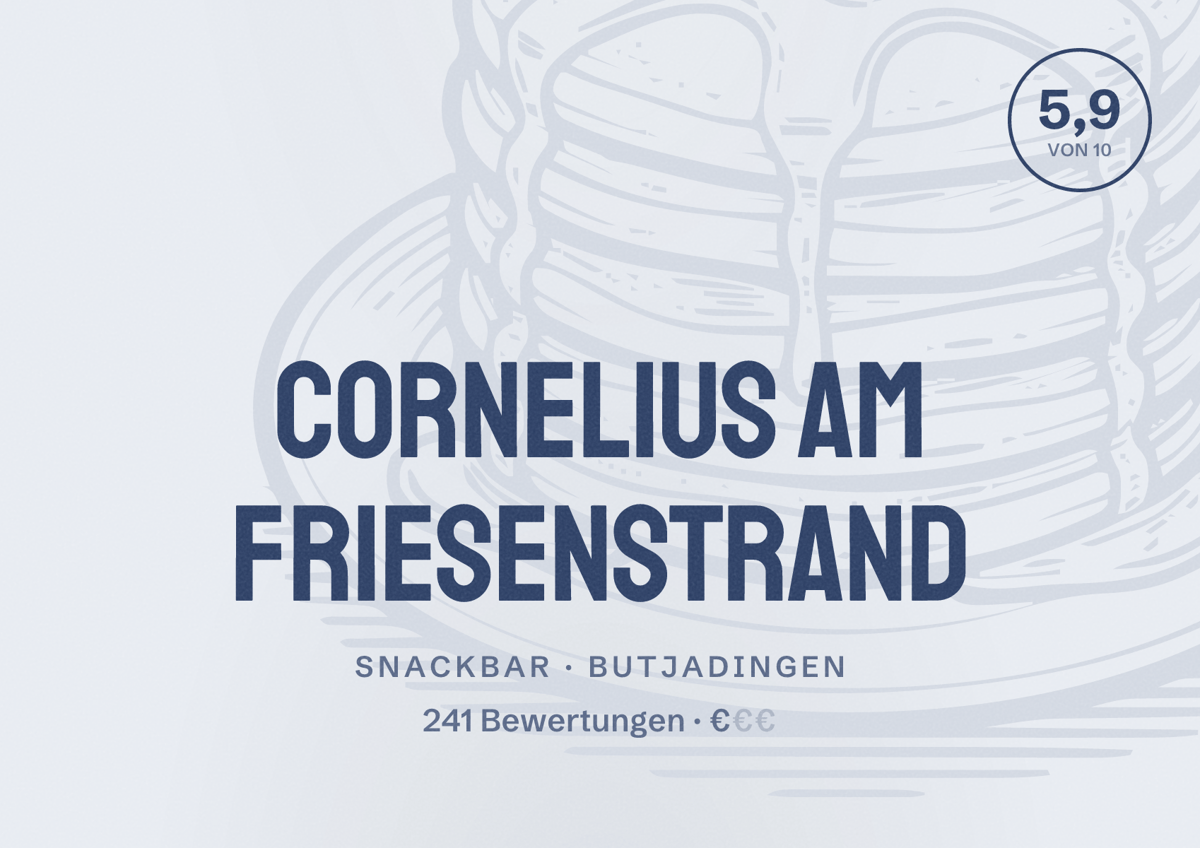 Illustriertes Poster von Cornelius Am Friesenstrand, Snackbar in Butjadingen: Bewertung 5,9 von 10 aus 241 Bewertungen, Preisniveau €