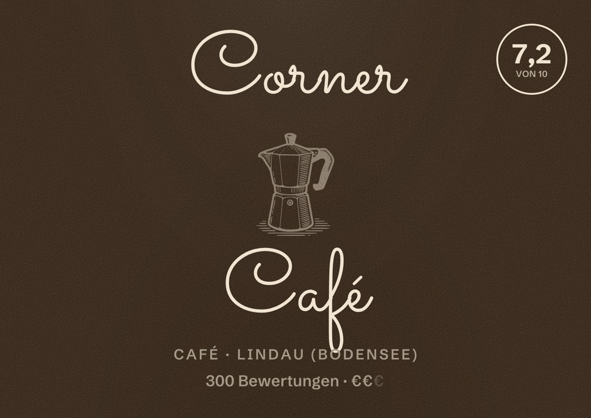 Illustriertes Poster von Corner Café, Café in Lindau (Bodensee): Bewertung 7,2 von 10 aus 300 Bewertungen, Preisniveau €€