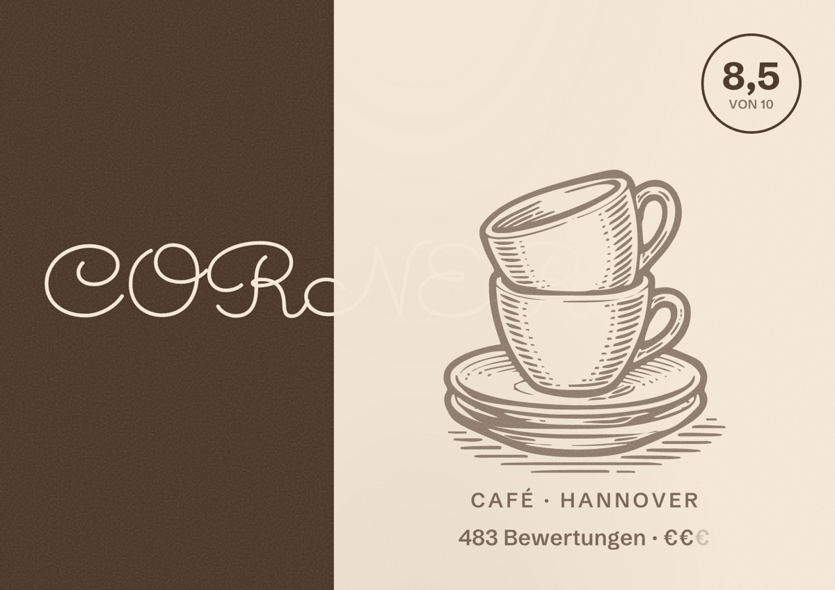 Illustriertes Poster von CORNER, Café in Hannover: Bewertung 8,5 von 10 aus 483 Bewertungen, Preisniveau €€
