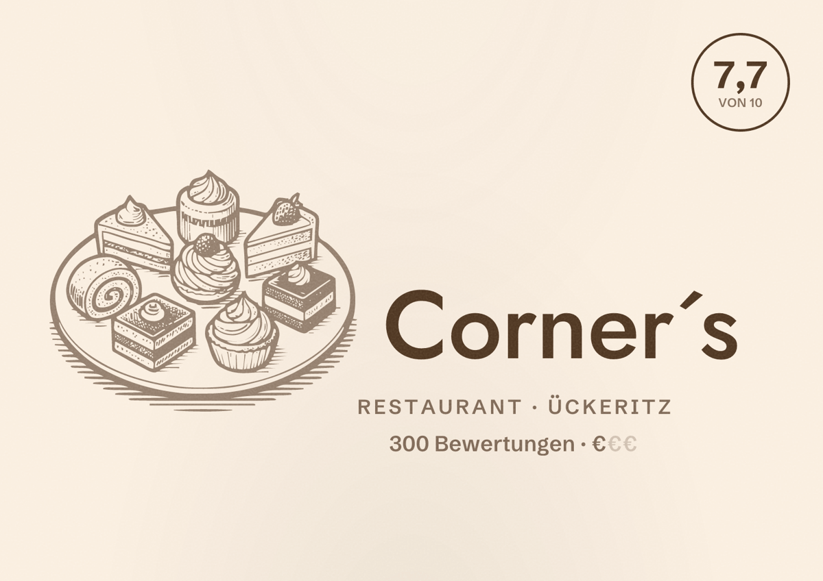 Illustriertes Poster von Corner´s, Restaurant in Ückeritz: Bewertung 7,7 von 10 aus 300 Bewertungen, Preisniveau €