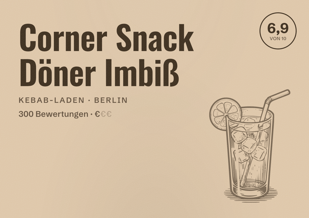 Illustriertes Poster von Corner Snack Döner Imbiß, Kebab-Laden in Berlin: Bewertung 6,9 von 10 aus 300 Bewertungen, Preisniveau €