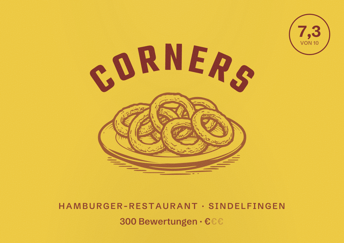 Illustriertes Poster von Corners, Hamburger-Restaurant in Sindelfingen: Bewertung 7,3 von 10 aus 300 Bewertungen, Preisniveau €