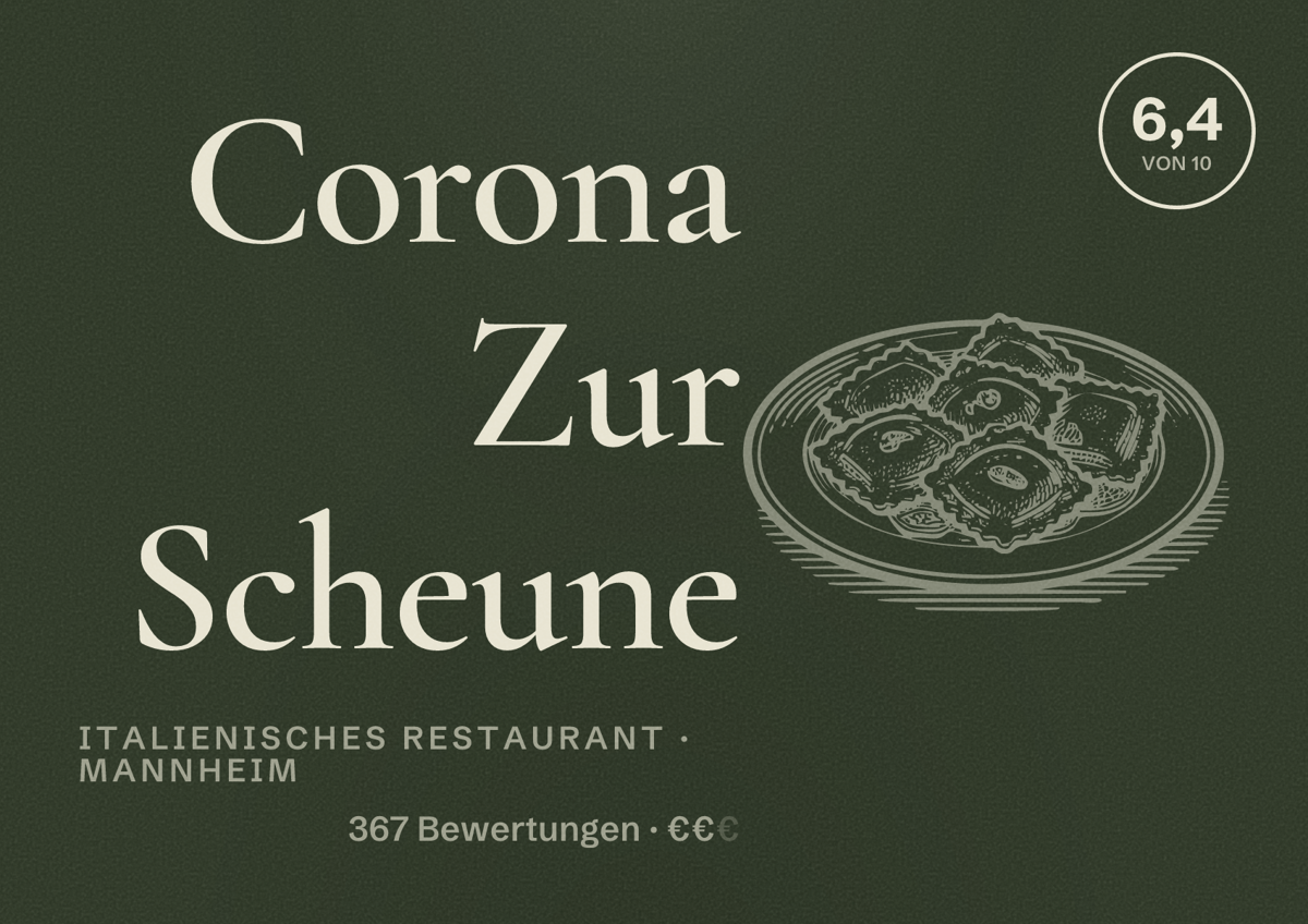Illustriertes Poster von Corona Zur Scheune, Italienisches Restaurant in Mannheim: Bewertung 6,4 von 10 aus 367 Bewertungen, Preisniveau €€