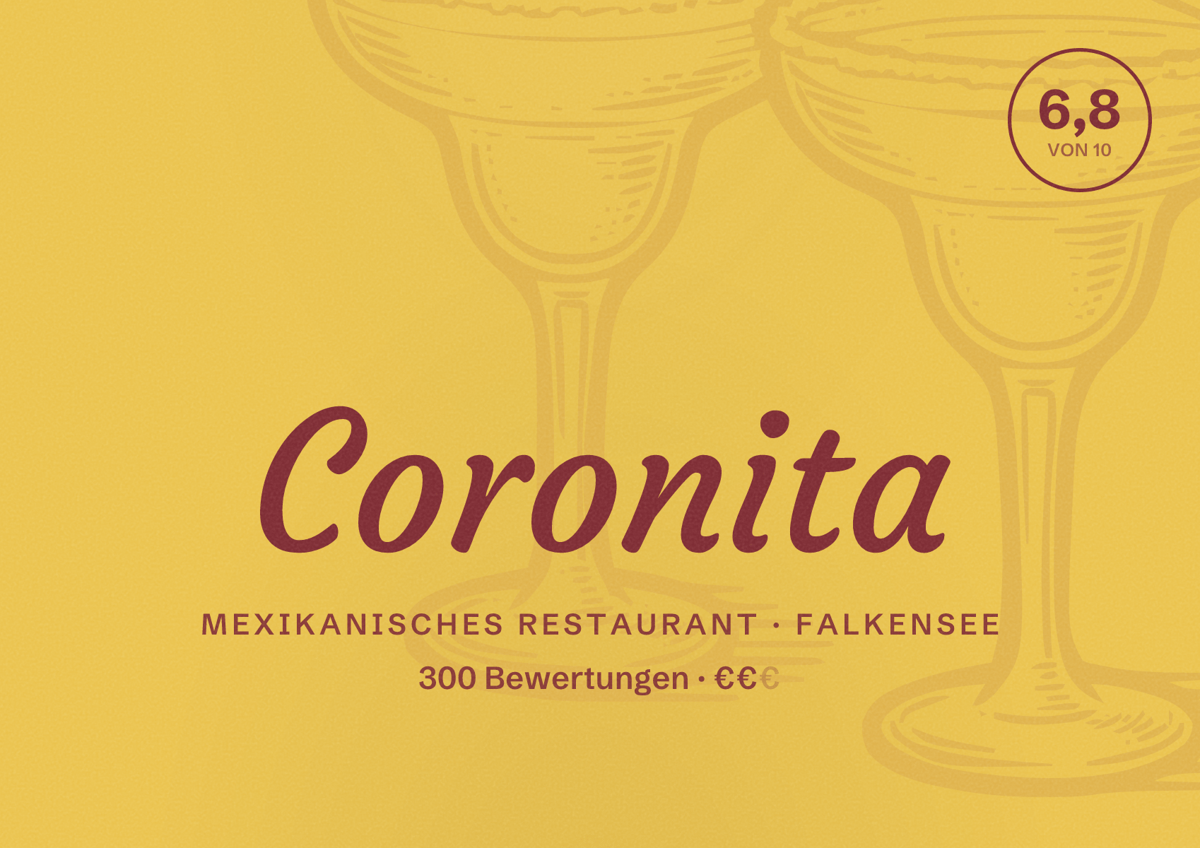 Illustriertes Poster von Coronita, Mexikanisches Restaurant in Falkensee: Bewertung 6,8 von 10 aus 300 Bewertungen, Preisniveau €€