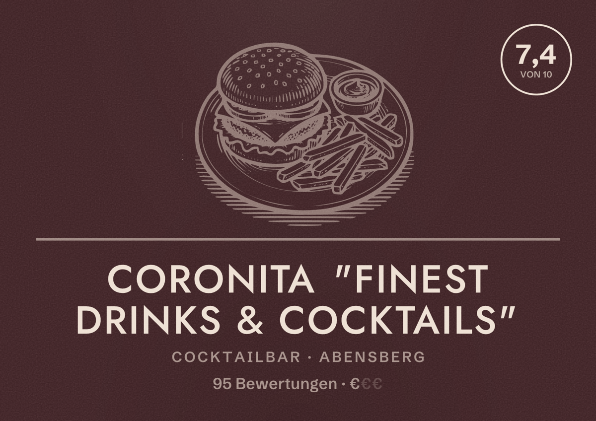 Illustriertes Poster von Coronita "Finest Drinks & Cocktails", Cocktailbar in Abensberg: Bewertung 7,4 von 10 aus 95 Bewertungen, Preisniveau €