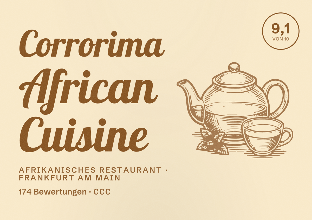 Illustriertes Poster von Corrorima African Cuisine, Afrikanisches Restaurant in Frankfurt am Main: Bewertung 9,1 von 10 aus 174 Bewertungen, Preisniveau €€€