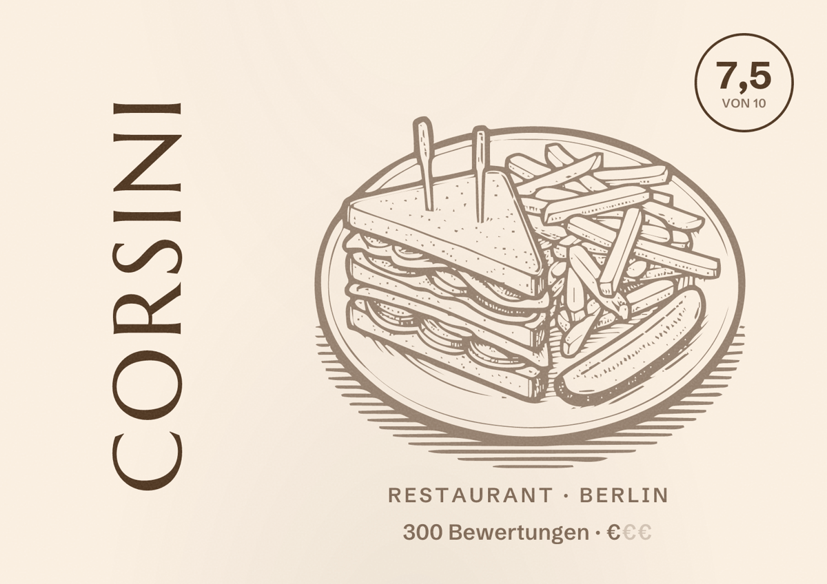 Illustriertes Poster von CORSINI, Restaurant in Berlin: Bewertung 7,5 von 10 aus 300 Bewertungen, Preisniveau €