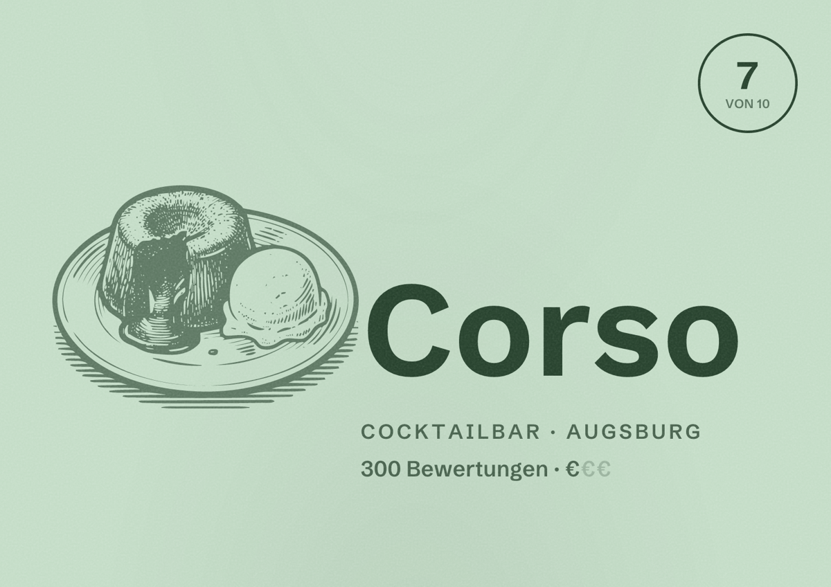 Illustriertes Poster von Corso, Cocktailbar in Augsburg: Bewertung 7,0 von 10 aus 300 Bewertungen, Preisniveau €