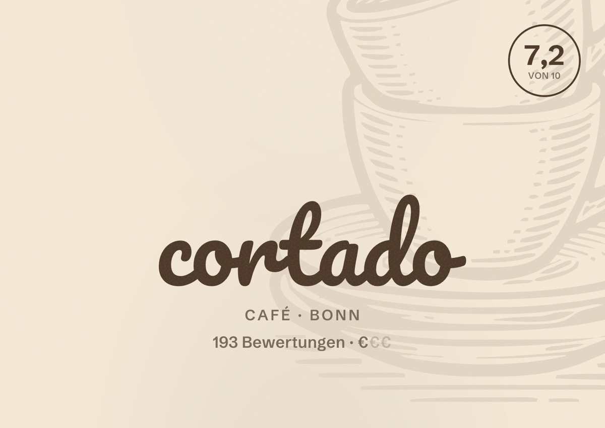 Illustriertes Poster von cortado, Café in Bonn: Bewertung 7,2 von 10 aus 193 Bewertungen, Preisniveau €