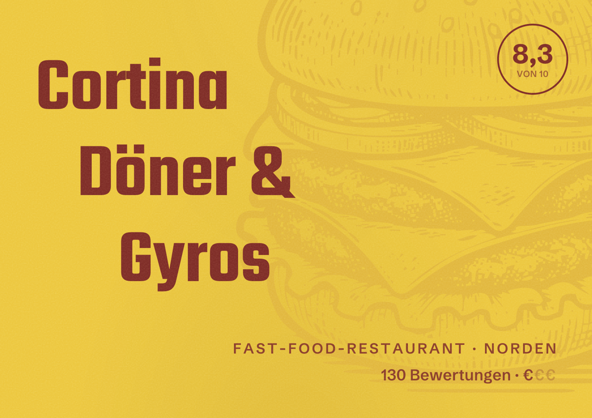 Illustriertes Poster von Cortina Döner & Gyros, Fast-Food-Restaurant in Norden: Bewertung 8,3 von 10 aus 130 Bewertungen, Preisniveau €