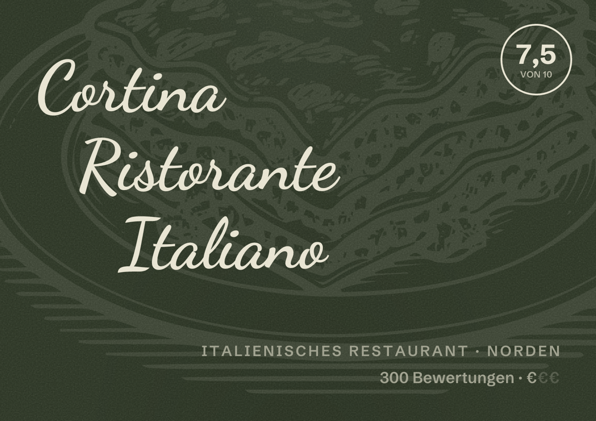 Illustriertes Poster von Cortina Ristorante Italiano, Italienisches Restaurant in Norden: Bewertung 7,5 von 10 aus 300 Bewertungen, Preisniveau €