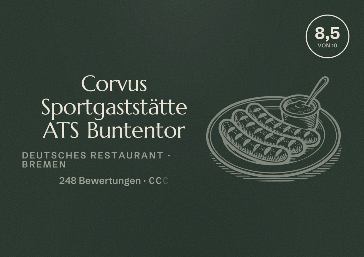 Illustriertes Poster von Corvus Sportgaststätte ATS Buntentor, Deutsches Restaurant in Bremen: Bewertung 8,5 von 10 aus 248 Bewertungen, Preisniveau €€