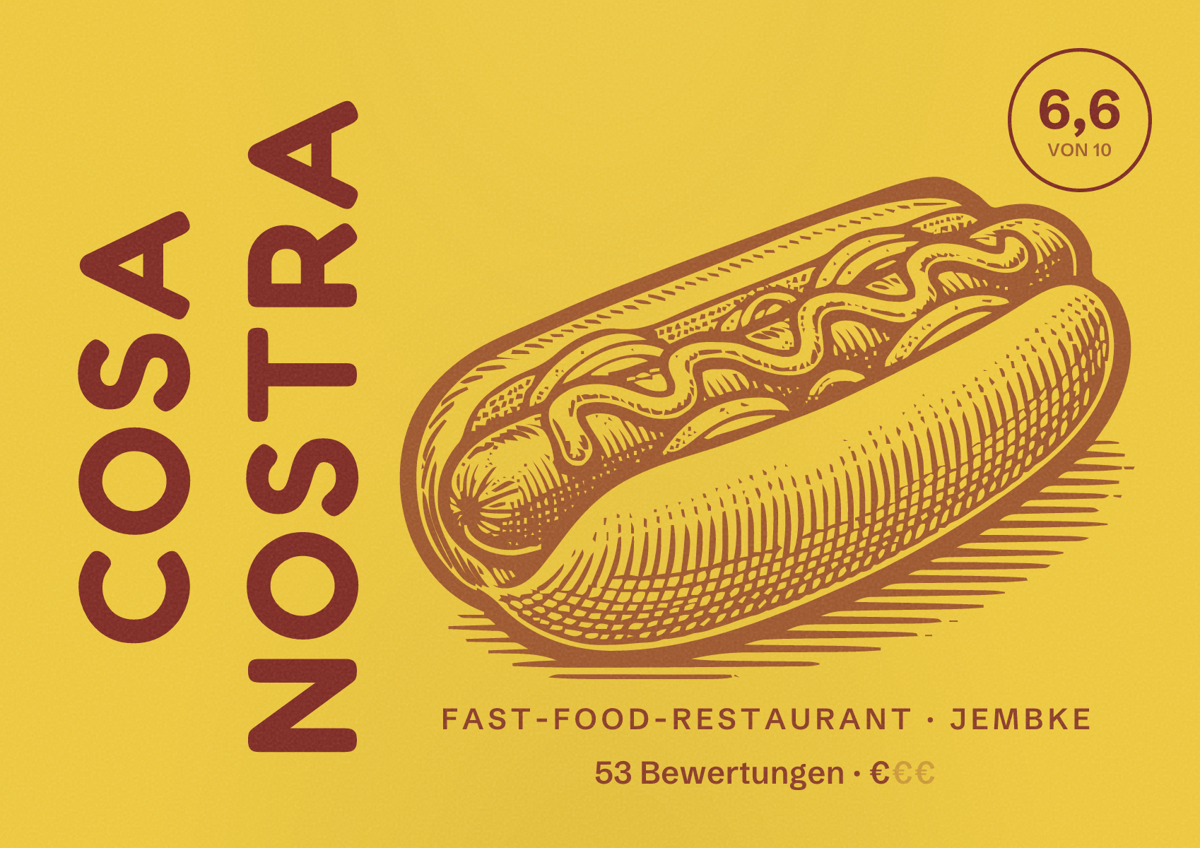 Illustriertes Poster von Cosa Nostra, Fast-Food-Restaurant in Jembke: Bewertung 6,6 von 10 aus 53 Bewertungen, Preisniveau €