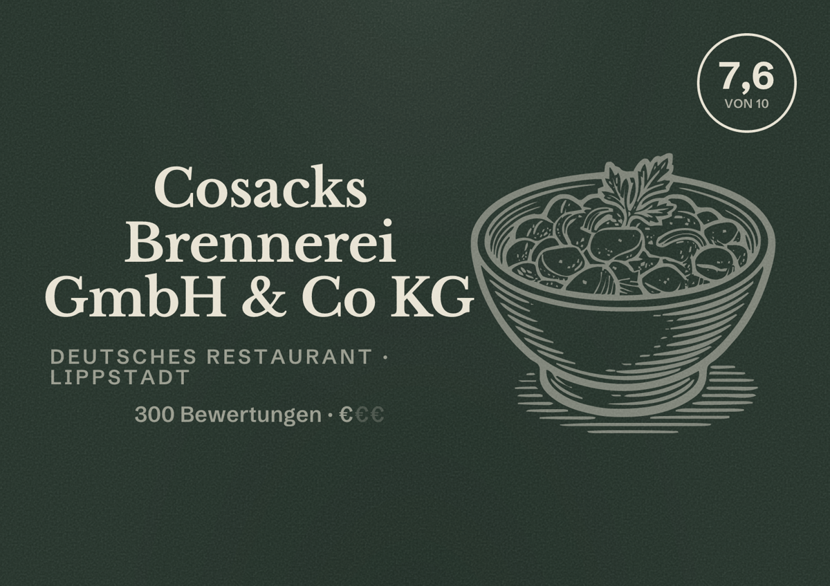 Illustriertes Poster von Cosacks Brennerei GmbH & Co KG, Deutsches Restaurant in Lippstadt: Bewertung 7,6 von 10 aus 300 Bewertungen, Preisniveau €