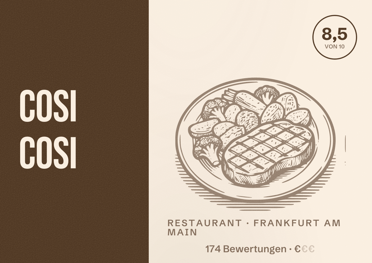 Illustriertes Poster von Cosi Cosi, Restaurant in Frankfurt am Main: Bewertung 8,5 von 10 aus 174 Bewertungen, Preisniveau €