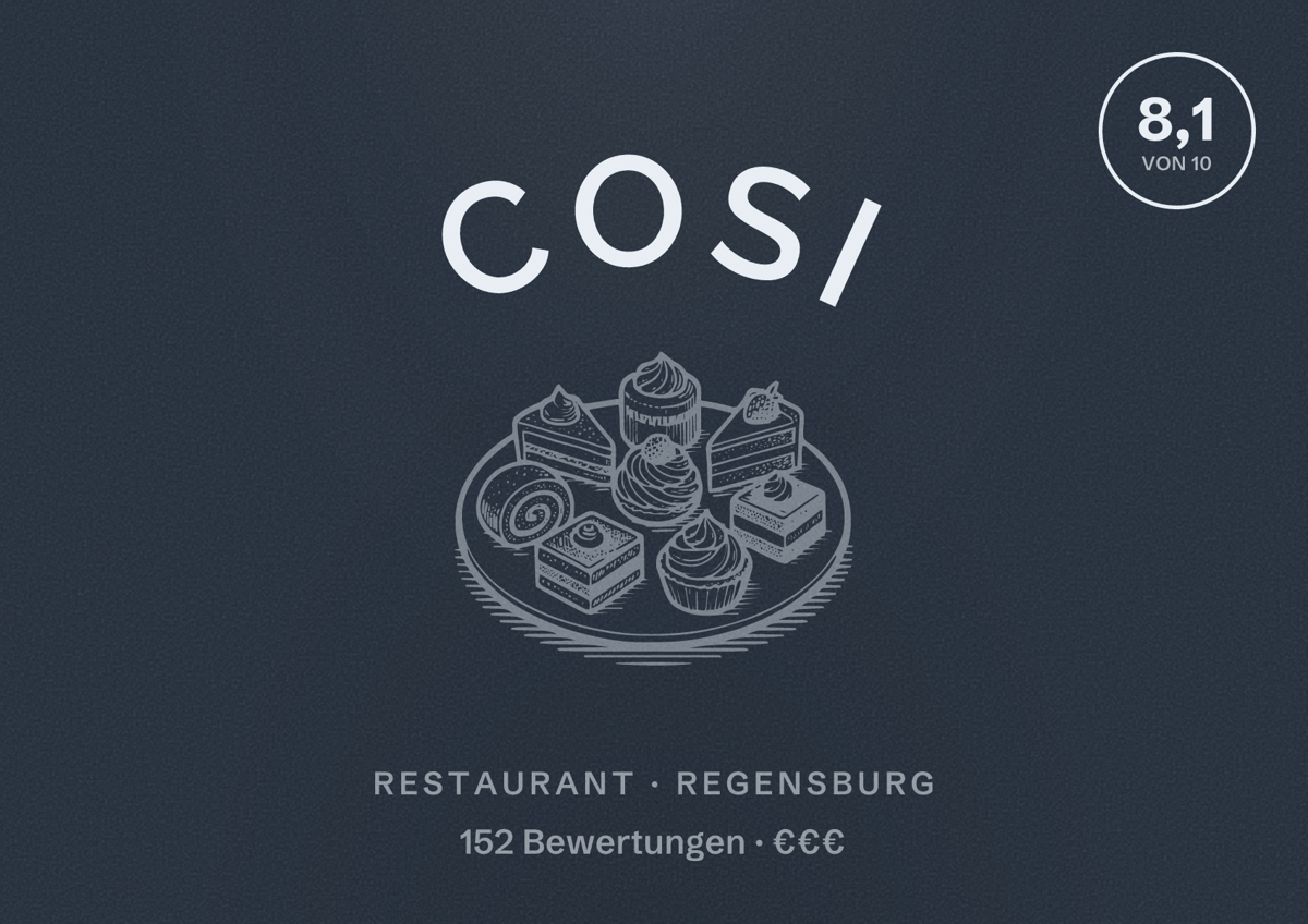 Illustriertes Poster von Cosi, Restaurant in Regensburg: Bewertung 8,1 von 10 aus 152 Bewertungen, Preisniveau €€€