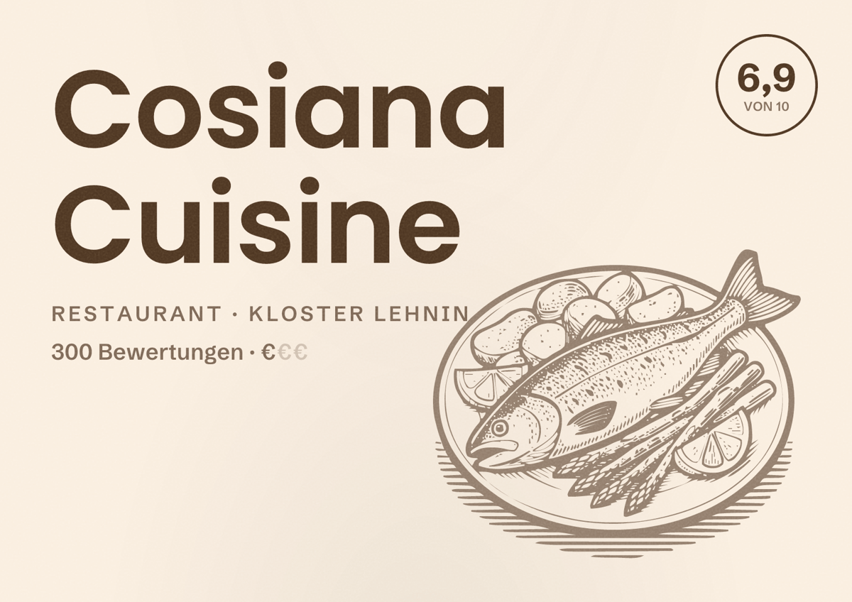 Illustriertes Poster von Cosiana Cuisine, Restaurant in Kloster Lehnin: Bewertung 6,9 von 10 aus 300 Bewertungen, Preisniveau €