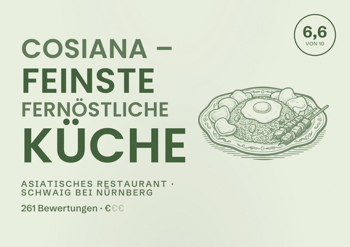 Illustriertes Poster von COSIANA – feinste fernöstliche Küche, Asiatisches Restaurant in Schwaig bei Nürnberg: Bewertung 6,6 von 10 aus 261 Bewertungen, Preisniveau €
