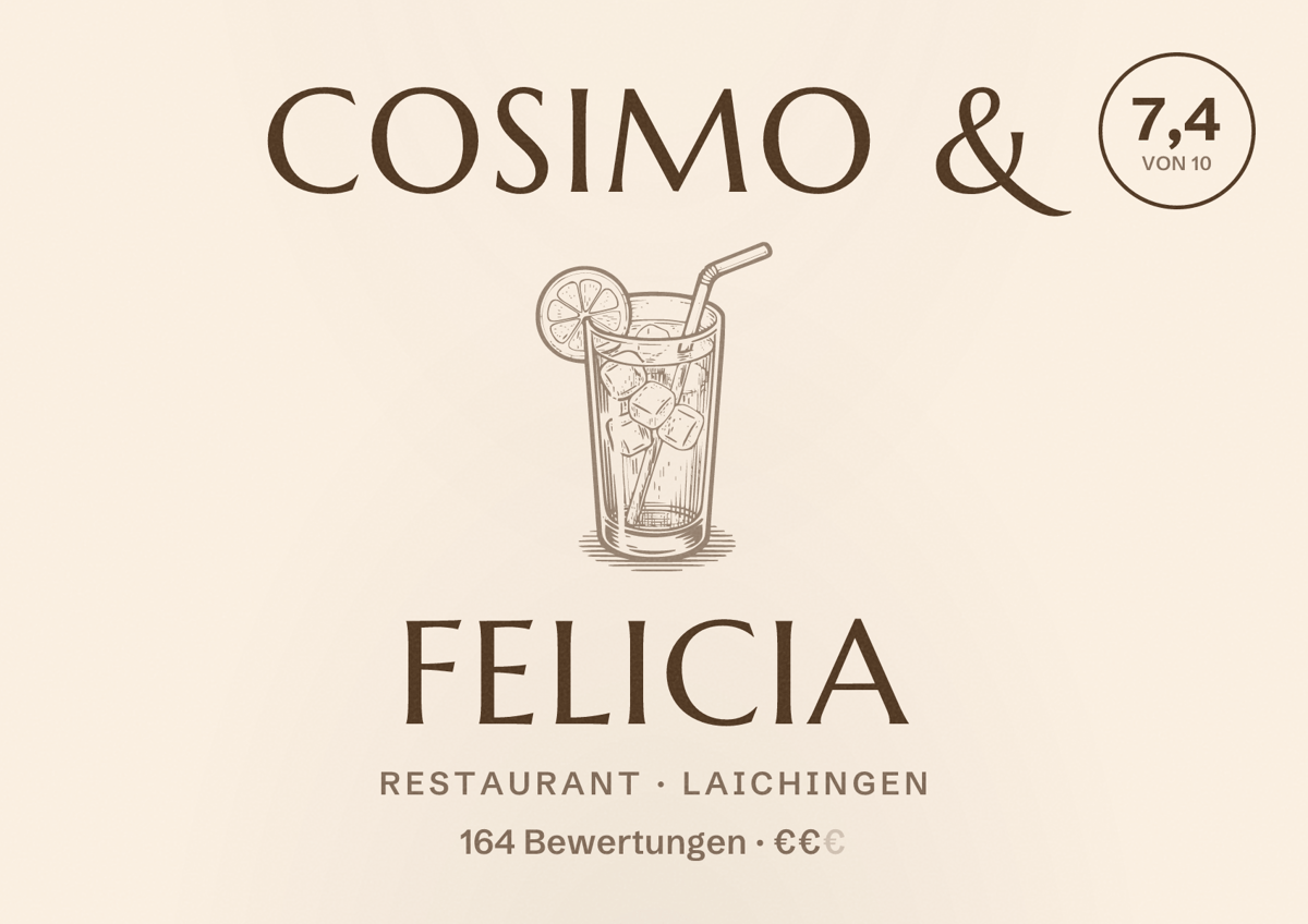 Illustriertes Poster von Cosimo & Felicia, Restaurant in Laichingen: Bewertung 7,4 von 10 aus 164 Bewertungen, Preisniveau €€