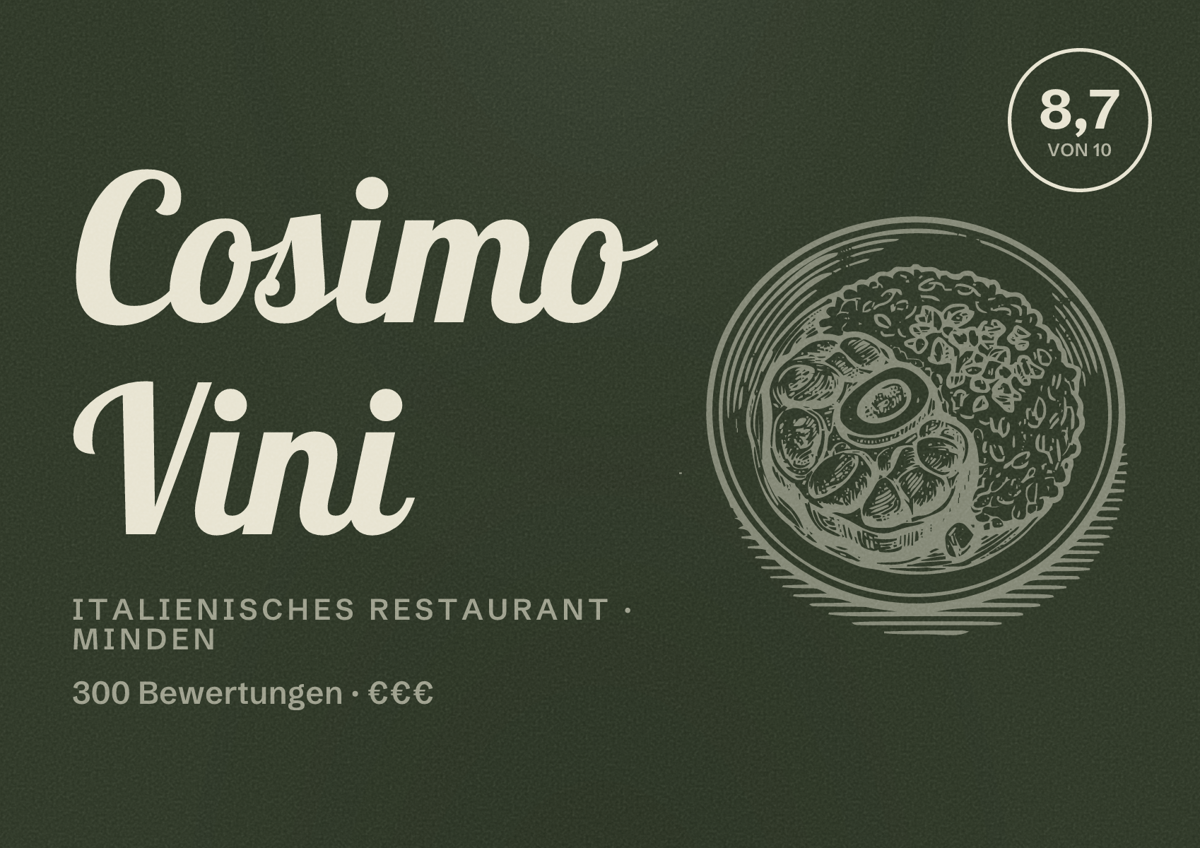 Illustriertes Poster von Cosimo Vini, Italienisches Restaurant in Minden: Bewertung 8,7 von 10 aus 300 Bewertungen, Preisniveau €€€