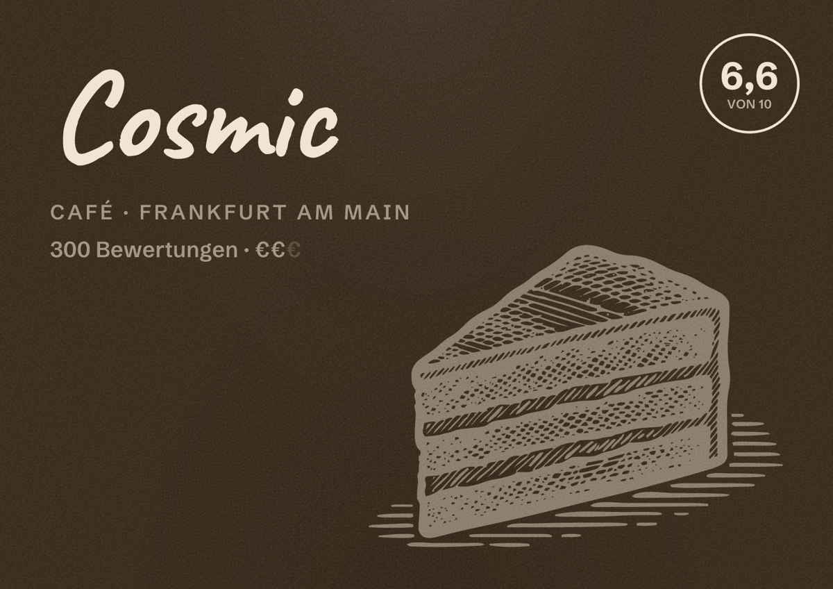 Illustriertes Poster von Cosmic, Café in Frankfurt am Main: Bewertung 6,6 von 10 aus 300 Bewertungen, Preisniveau €€