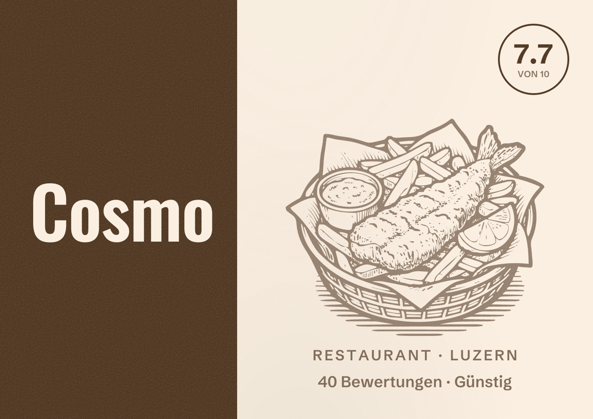 Illustriertes Poster von Cosmo, Restaurant in Luzern: Bewertung 7.7 von 10 aus 40 Bewertungen, Preisniveau Günstig