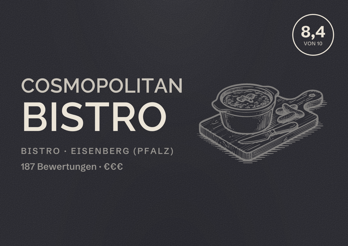 Illustriertes Poster von Cosmopolitan Bistro, Bistro in Eisenberg (Pfalz): Bewertung 8,4 von 10 aus 187 Bewertungen, Preisniveau €€€