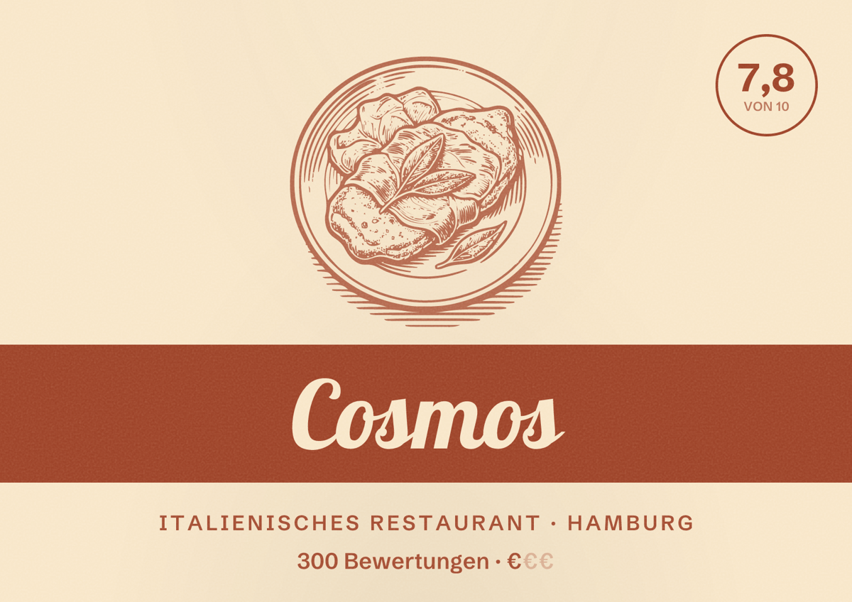 Illustriertes Poster von Cosmos, Italienisches Restaurant in Hamburg: Bewertung 7,8 von 10 aus 300 Bewertungen, Preisniveau €
