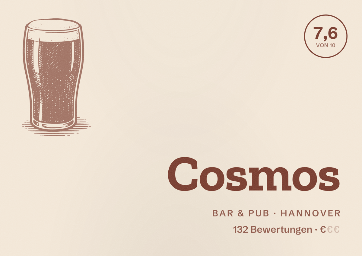 Illustriertes Poster von Cosmos, Bar & Pub in Hannover: Bewertung 7,6 von 10 aus 132 Bewertungen, Preisniveau €