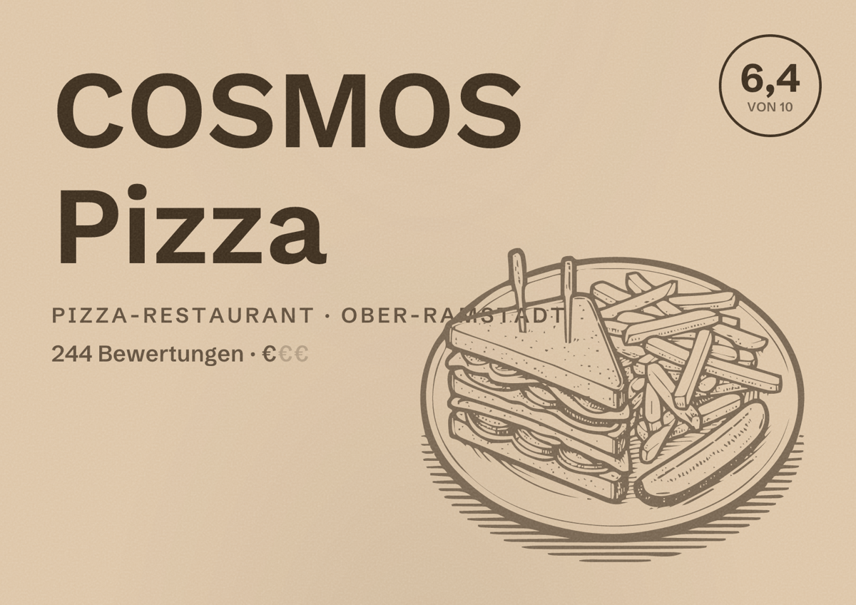 Illustriertes Poster von COSMOS Pizza, Pizza-Restaurant in Ober-Ramstadt: Bewertung 6,4 von 10 aus 244 Bewertungen, Preisniveau €