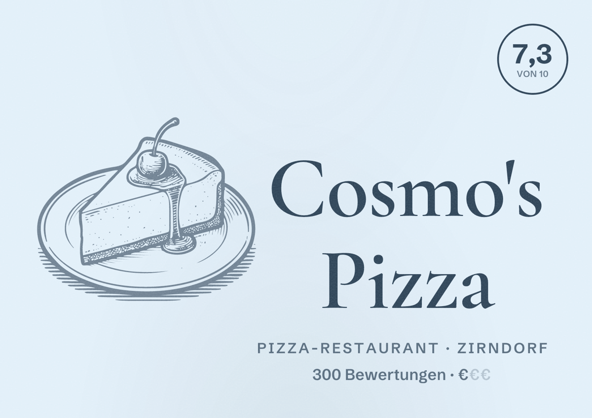 Illustriertes Poster von Cosmo's Pizza, Pizza-Restaurant in Zirndorf: Bewertung 7,3 von 10 aus 300 Bewertungen, Preisniveau €