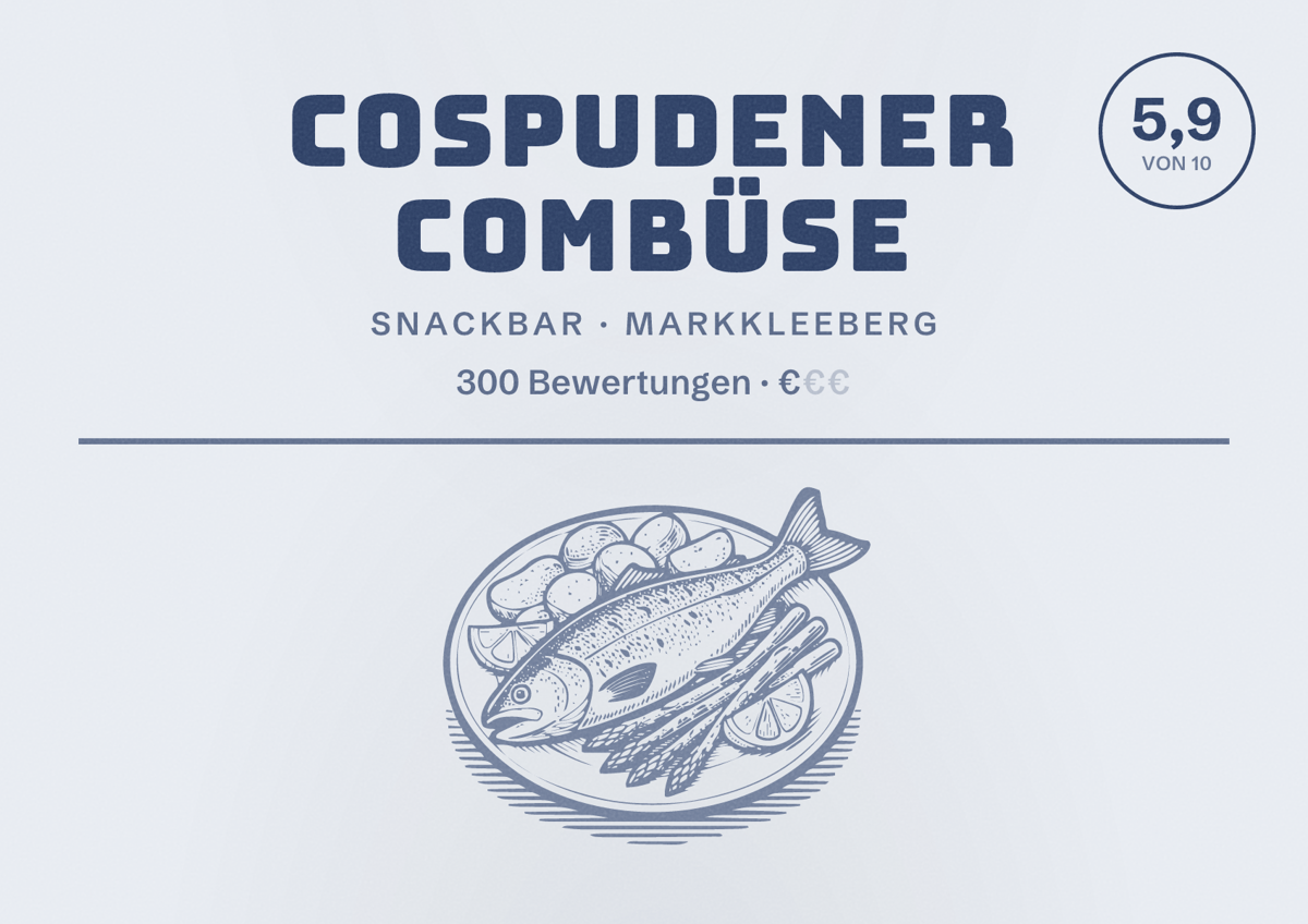 Illustriertes Poster von Cospudener Combüse, Snackbar in Markkleeberg: Bewertung 5,9 von 10 aus 300 Bewertungen, Preisniveau €