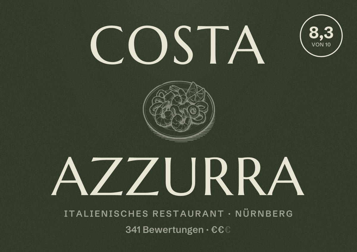 Illustriertes Poster von Costa Azzurra, Italienisches Restaurant in Nürnberg: Bewertung 8,3 von 10 aus 341 Bewertungen, Preisniveau €€