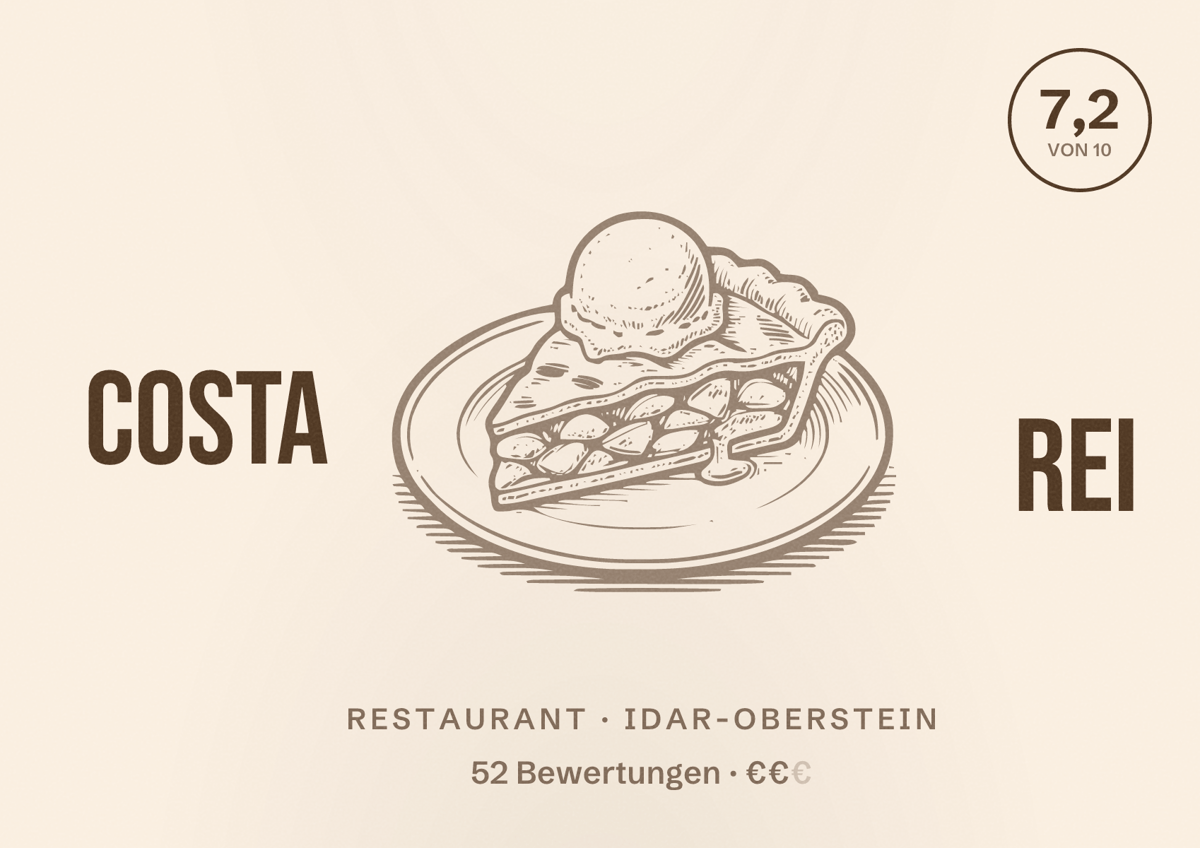 Illustriertes Poster von Costa Rei, Restaurant in Idar-Oberstein: Bewertung 7,2 von 10 aus 52 Bewertungen, Preisniveau €€