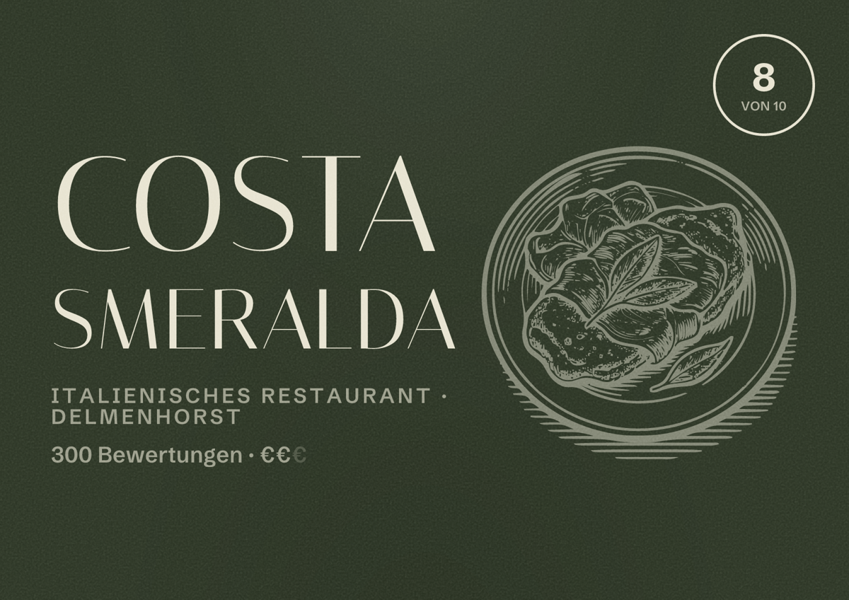 Illustriertes Poster von Costa Smeralda, Italienisches Restaurant in Delmenhorst: Bewertung 8 von 10 aus 300 Bewertungen, Preisniveau €€