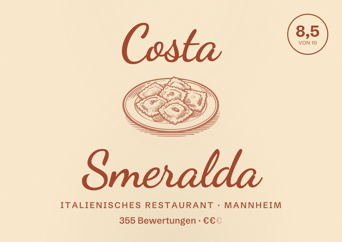 Illustriertes Poster von Costa Smeralda, Italienisches Restaurant in Mannheim: Bewertung 8,5 von 10 aus 355 Bewertungen, Preisniveau €€