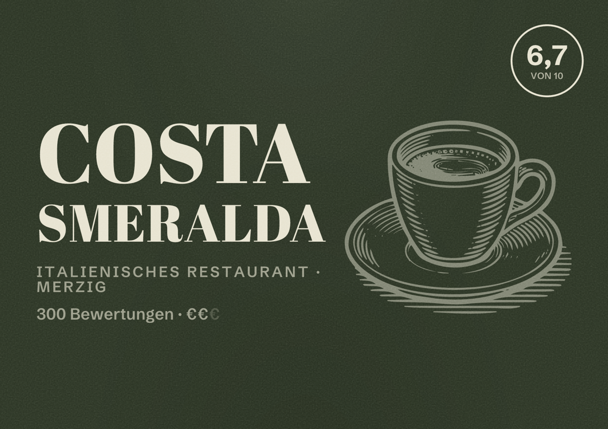 Illustriertes Poster von Costa Smeralda, Italienisches Restaurant in Merzig: Bewertung 6,7 von 10 aus 300 Bewertungen, Preisniveau €€