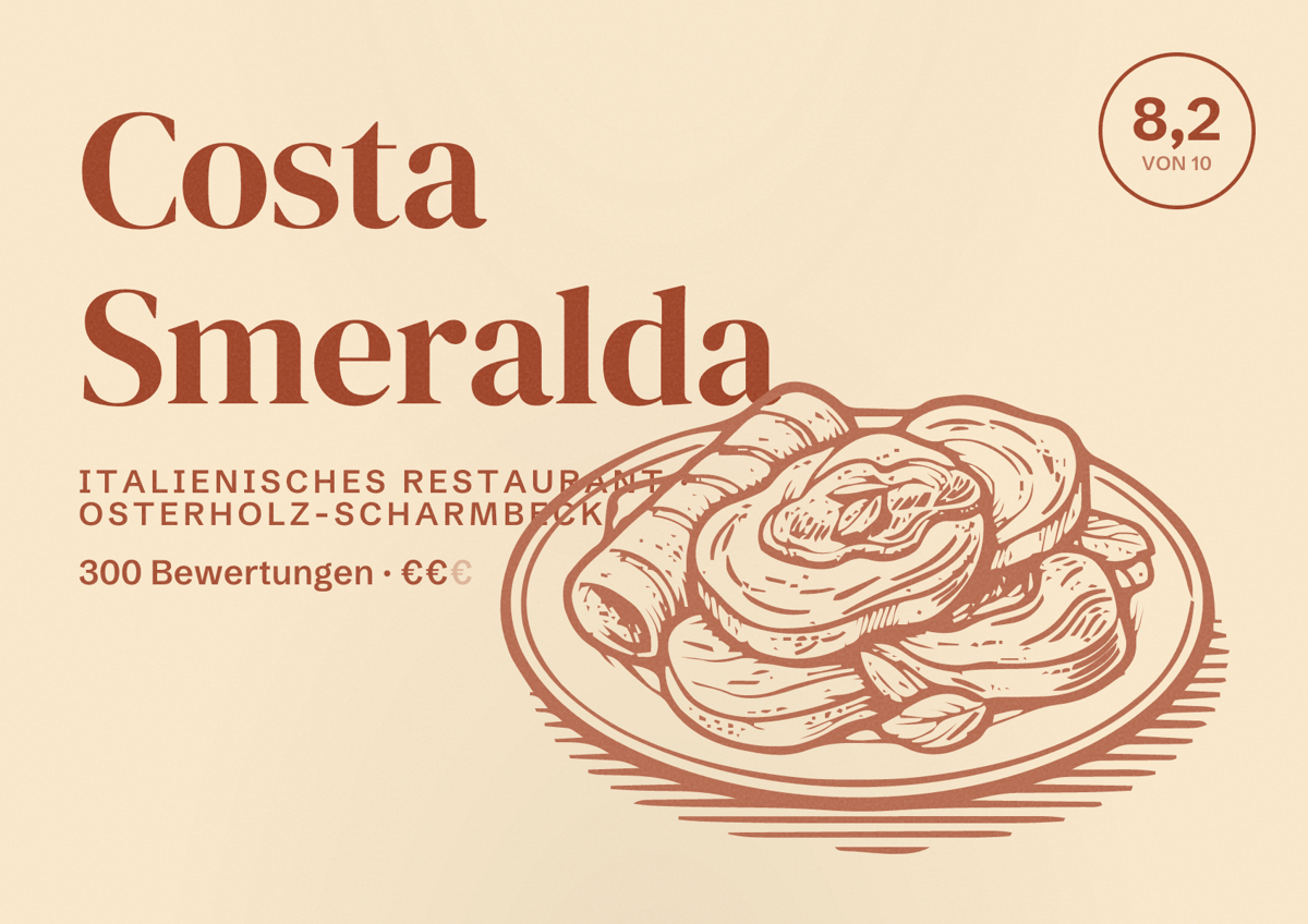 Illustriertes Poster von Costa Smeralda, Italienisches Restaurant in Osterholz-Scharmbeck: Bewertung 8,2 von 10 aus 300 Bewertungen, Preisniveau €€