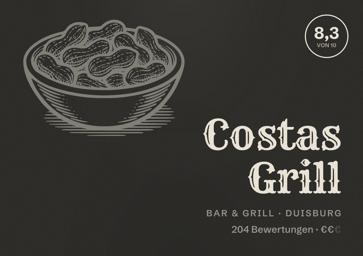 Illustriertes Poster von Costas Grill, Bar & Grill in Duisburg: Bewertung 8,3 von 10 aus 204 Bewertungen, Preisniveau €€