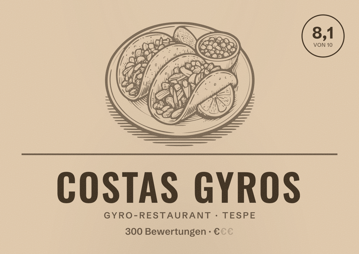 Illustriertes Poster von Costas Gyros, Gyro-Restaurant in Tespe: Bewertung 8,1 von 10 aus 300 Bewertungen, Preisniveau €