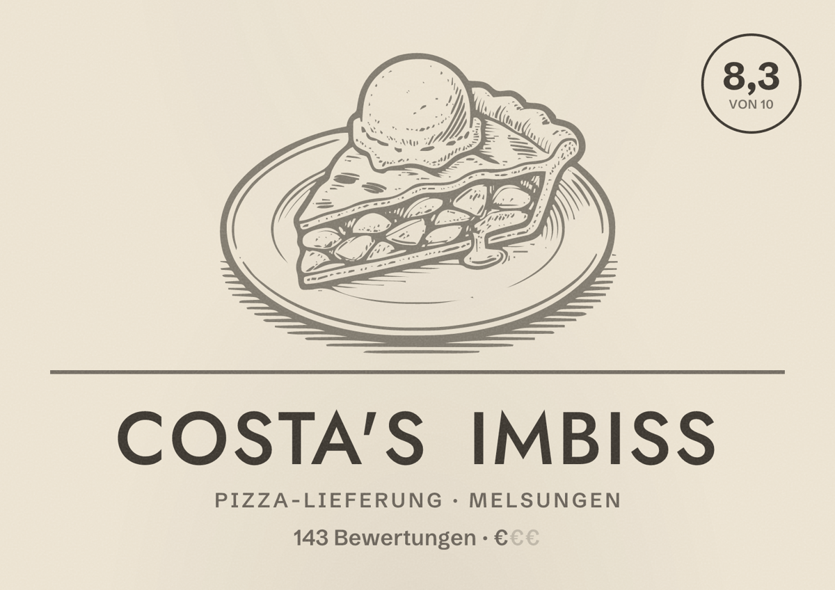 Illustriertes Poster von Costa's Imbiss, Pizza-Lieferung in Melsungen: Bewertung 8,3 von 10 aus 143 Bewertungen, Preisniveau €